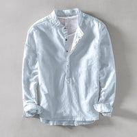メンズ コットンブレンド長袖ヘンリーネックTシャツ — 軽量通気性のミニマルカジュアルスタイル