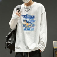 メンズ長袖カジュアルTシャツ ホワイト地にプリント柄