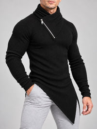 メンズの黒いリブ編みパイル風ハイネック長袖Tシャツ、斜めの切り替え裾とフロント飾り