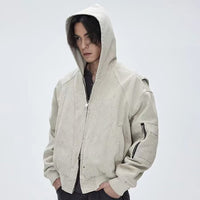 メンズ用フーデッドジャケット、ワッシング風のカーキベージュ、フロントジップ