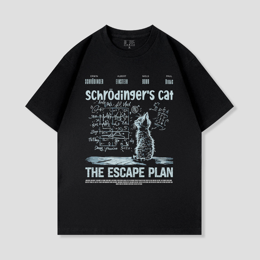黒のネコ柄Tシャツ、フロントに『THE ESCAPE PLAN』プリント