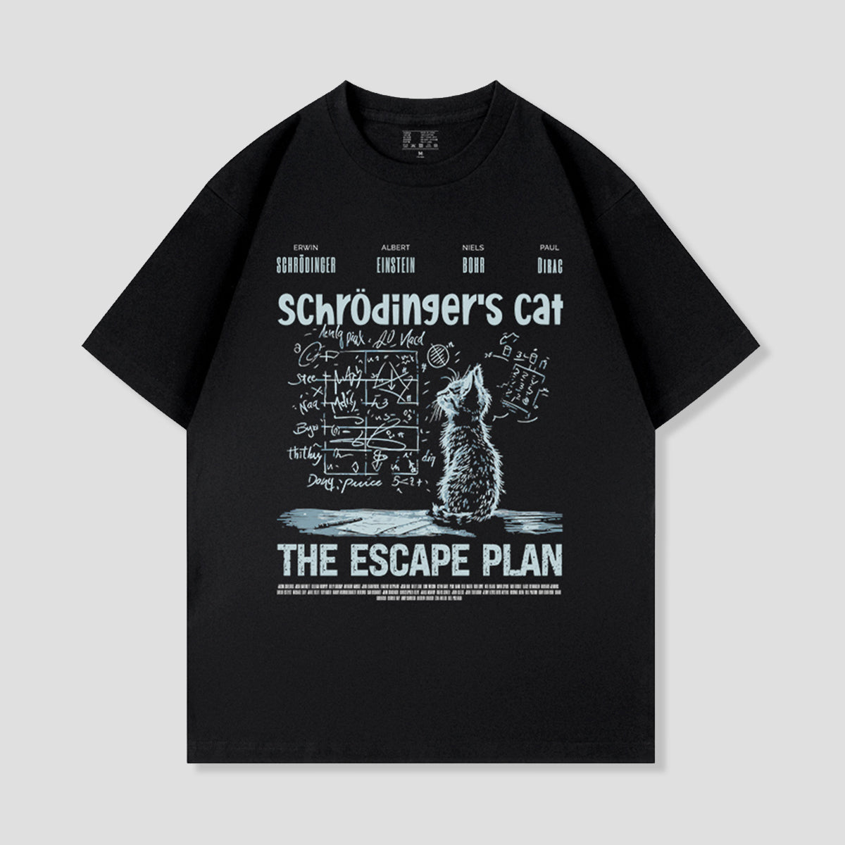 黒のネコ柄Tシャツ、フロントに『THE ESCAPE PLAN』プリント