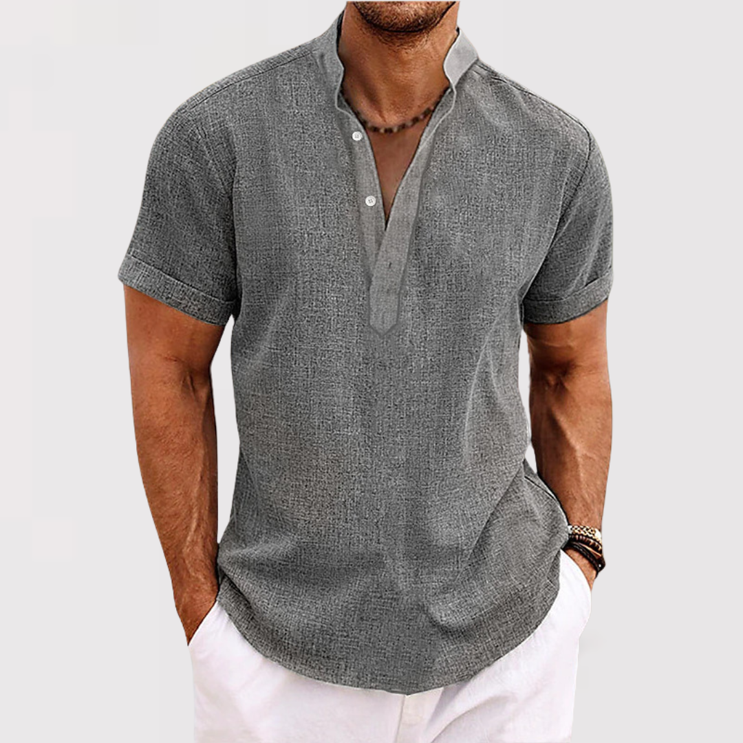 プレミアム 半袖ヘンリーネックシャツ | 通気性 軽量 テクスチャー素材 | 快適 リラックスフィット カジュアル サマーウェア