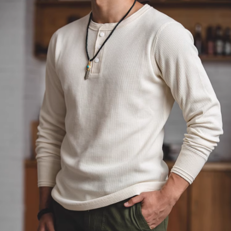 ホワイトリュウヘンリーネックワッフルシャツ