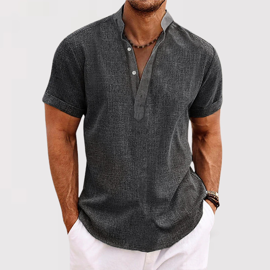 プレミアム 半袖ヘンリーネックシャツ | 通気性 軽量 テクスチャー素材 | 快適 リラックスフィット カジュアル サマーウェア