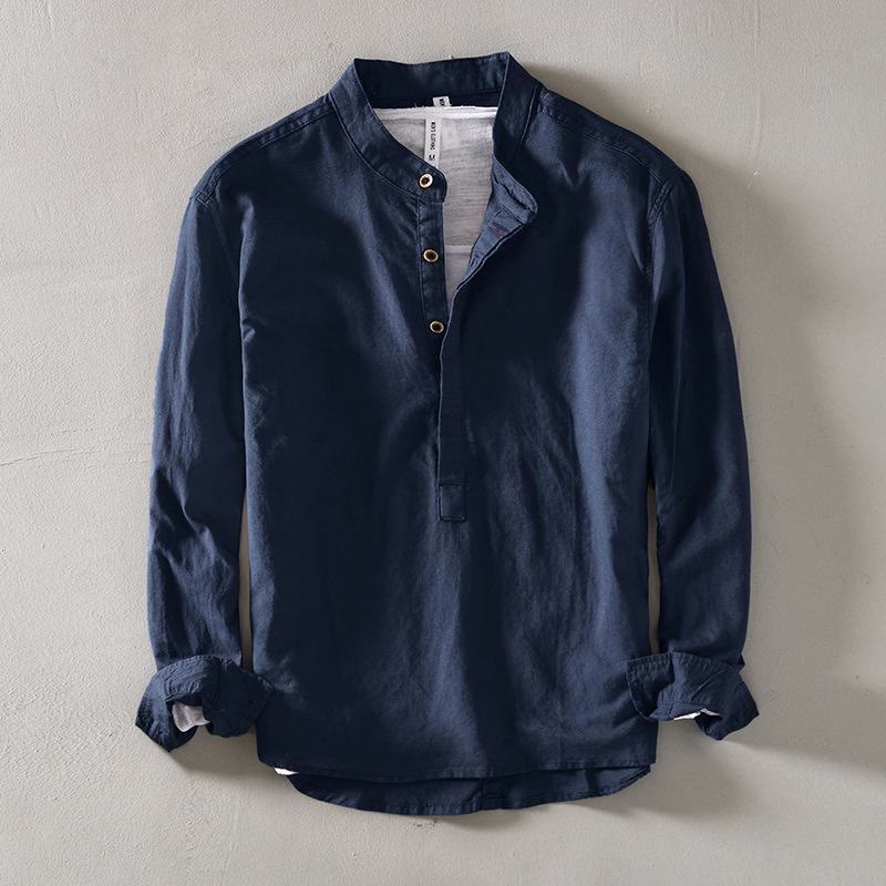 メンズ コットンブレンド長袖ヘンリーネックTシャツ — 軽量通気性のミニマルカジュアルスタイル