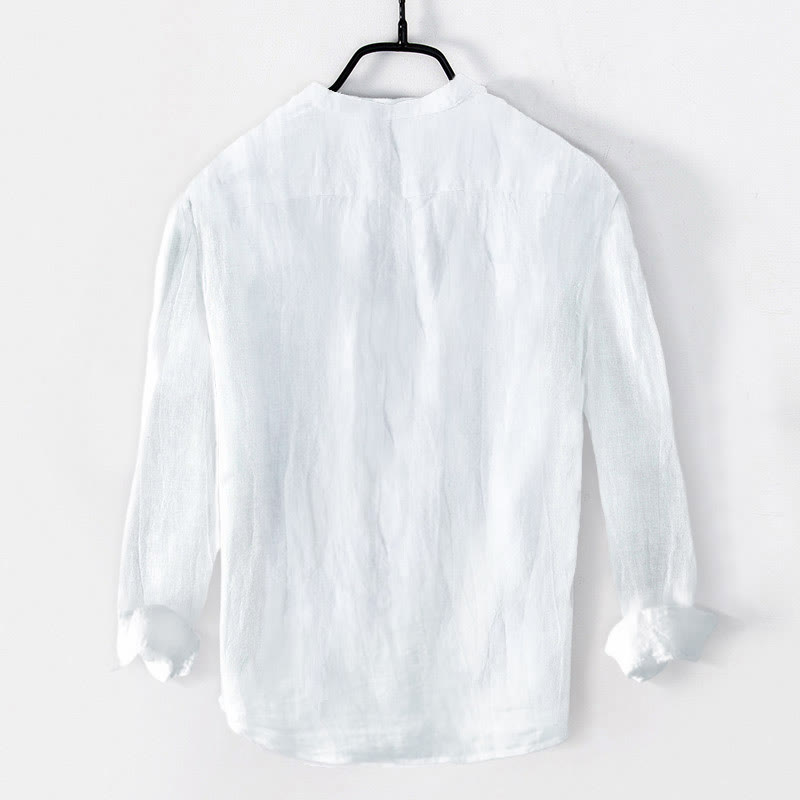 メンズ コットンリネン長袖ヘンリーネックTシャツ — ナチュラル素材のデイリーカジュアルウェア