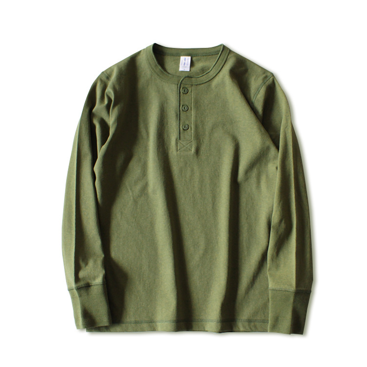 メンズ コットン長袖ヘンリーネックTシャツ — シンプルデザインのデイリーカジュアルスタイル