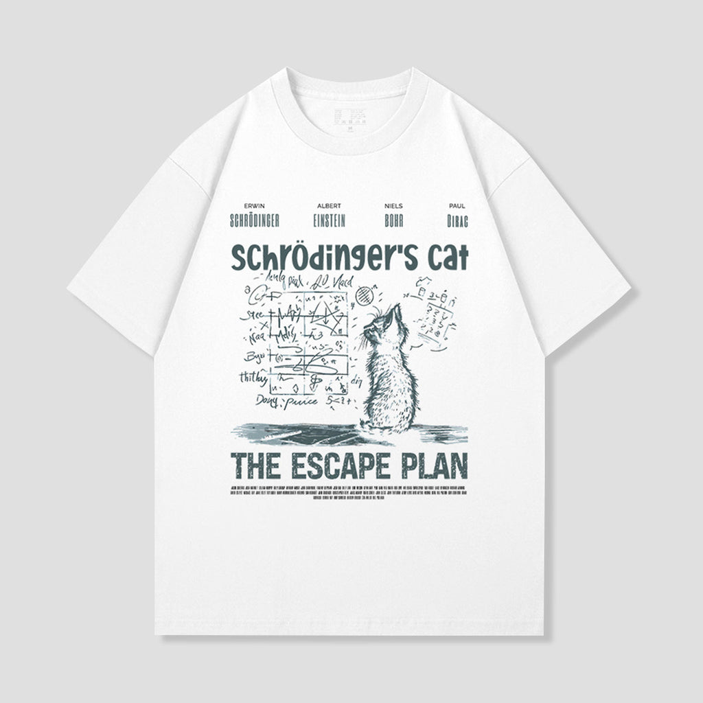 白のネコ柄Tシャツ、フロントに『THE ESCAPE PLAN』プリント