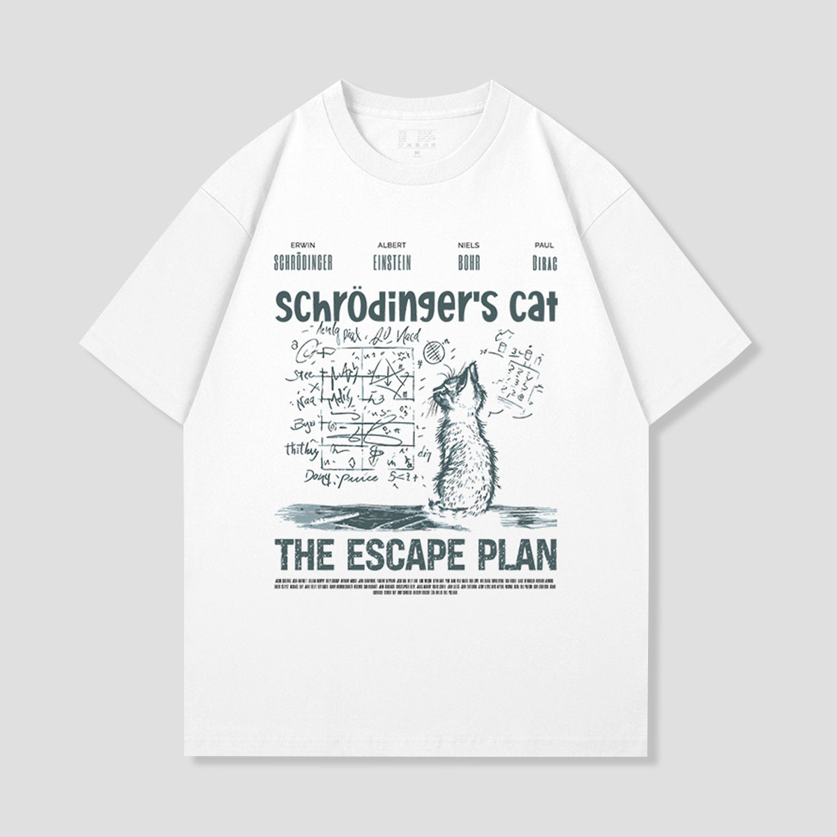 白のネコ柄Tシャツ、フロントに『THE ESCAPE PLAN』プリント