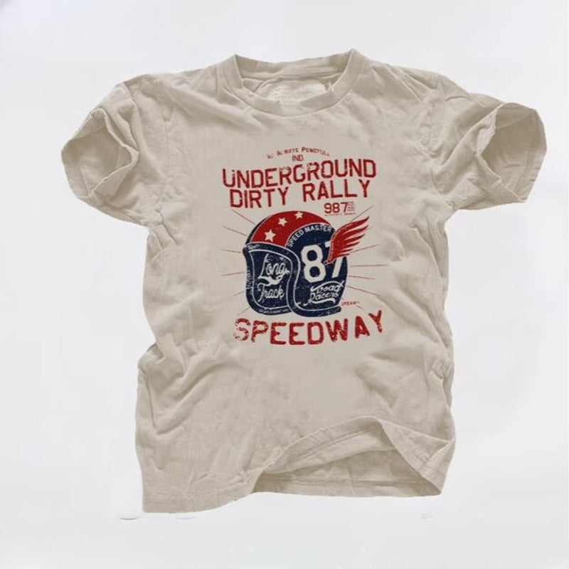メンズ コットンブレンドグラフィックTシャツ — ヴィンテージレーシングプリントのカジュアルスタイル