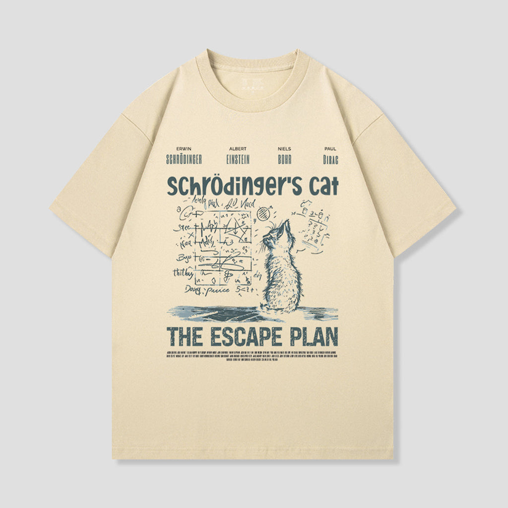 ベージュのネコ柄Tシャツ、猫と数式風グラフィック