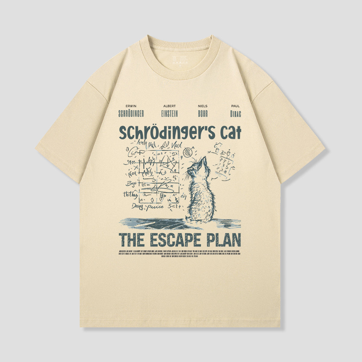 ベージュのネコ柄Tシャツ、猫と数式風グラフィック