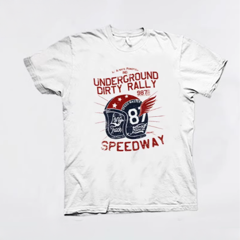 メンズ コットンブレンドグラフィックTシャツ — ヴィンテージレーシングプリントのカジュアルスタイル