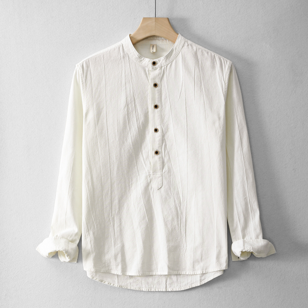 メンズ コットンリネン長袖ヘンリーネックTシャツ — ナチュラル素材のデイリーカジュアルウェア