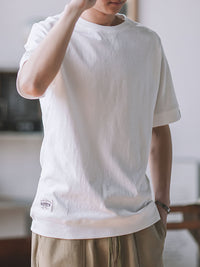 メンズ用コットン半袖クルーネックTシャツ ホワイト、袖と胸のシンプルデザイン