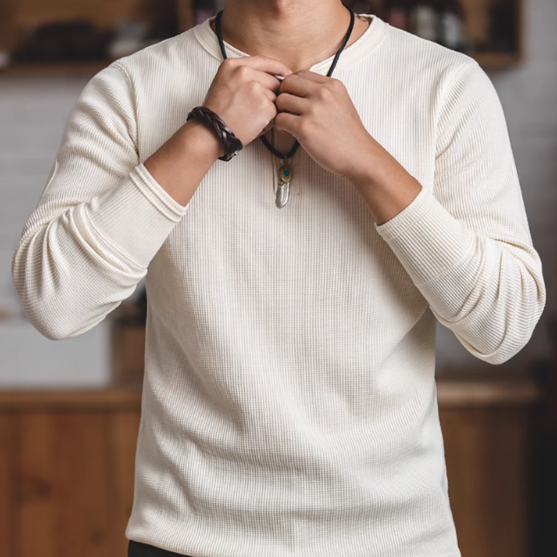 ホワイトリュウヘンリーネックワッフルシャツ