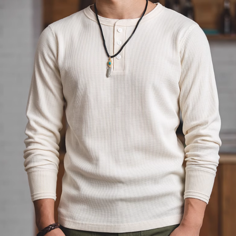 ホワイトリュウヘンリーネックワッフルシャツ