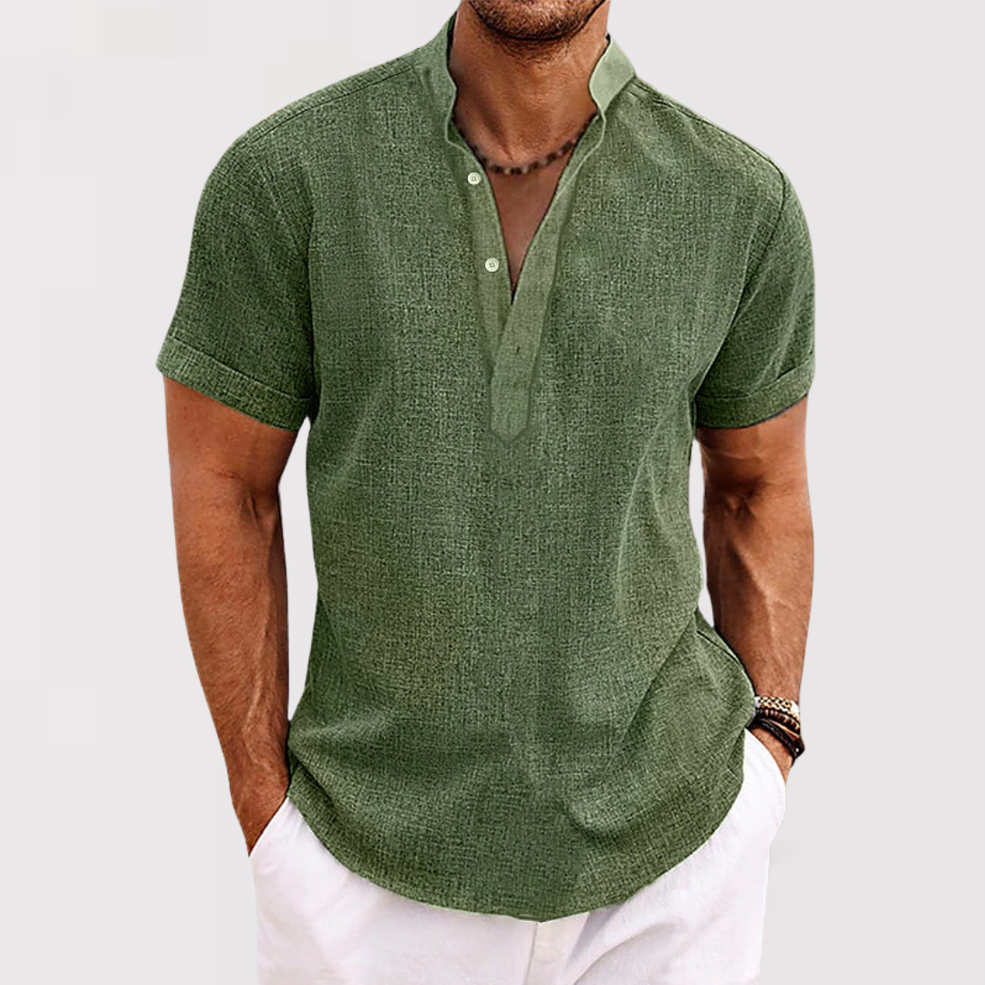 プレミアム 半袖ヘンリーネックシャツ | 通気性 軽量 テクスチャー素材 | 快適 リラックスフィット カジュアル サマーウェア