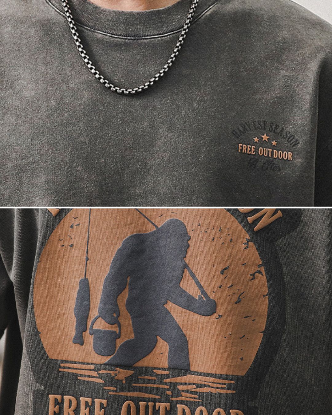 メンズ厚手コットンのビッグシルエット半袖Tシャツ — ビッグフットフィッシンググラフィックのバックプリント