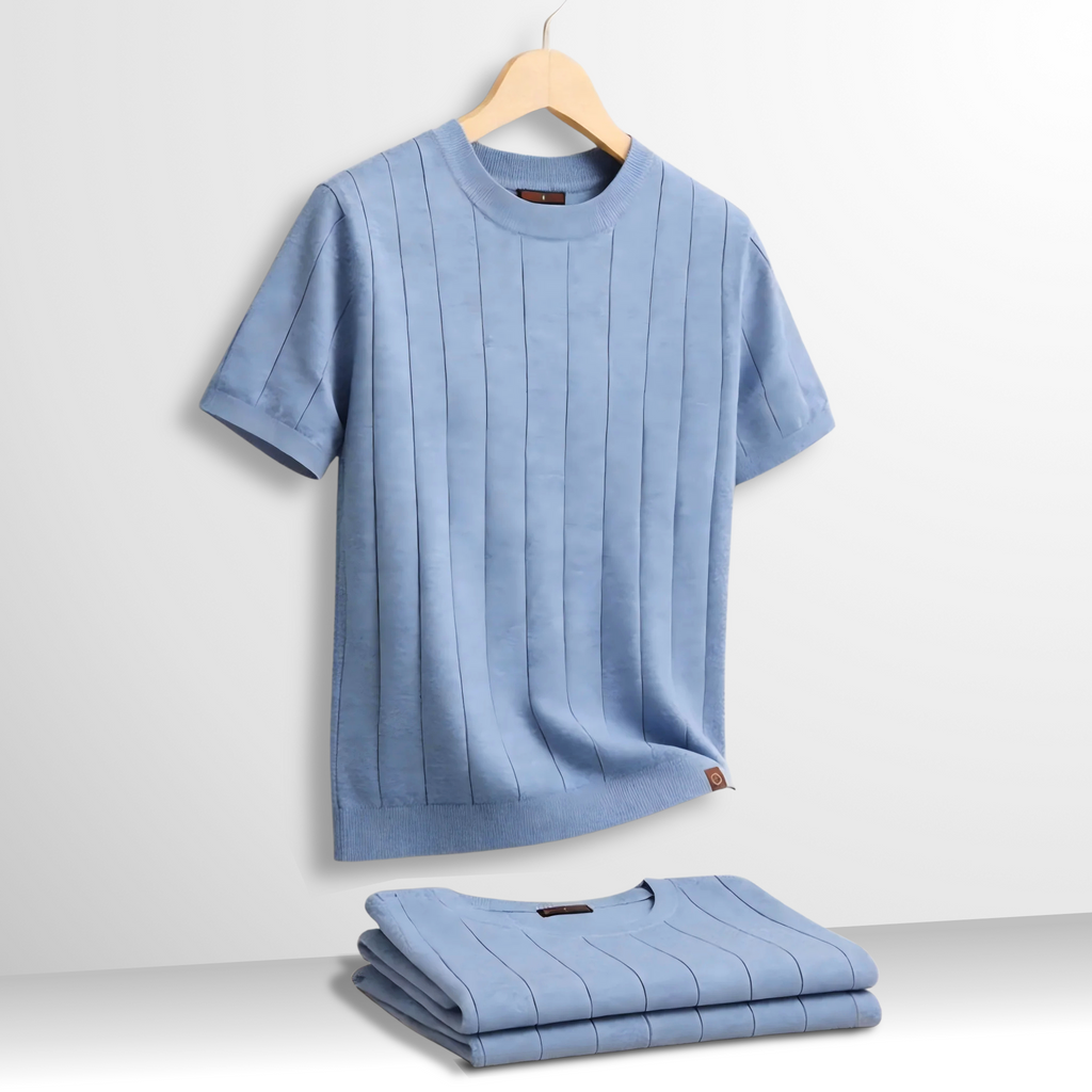 メンズ コットンリブニットTシャツ — 半袖クルーネックのスリムフィットカジュアルスタイル