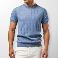 メンズ用コットンリブニットTシャツ 青 半袖クルーネック スリムフィット