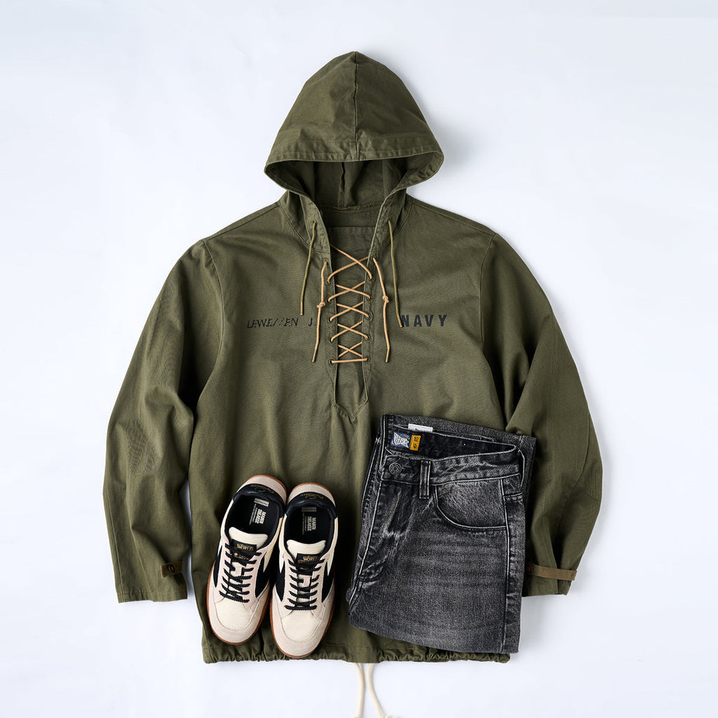 カズオ オリーブ ミリタリーレースアップ パーカー