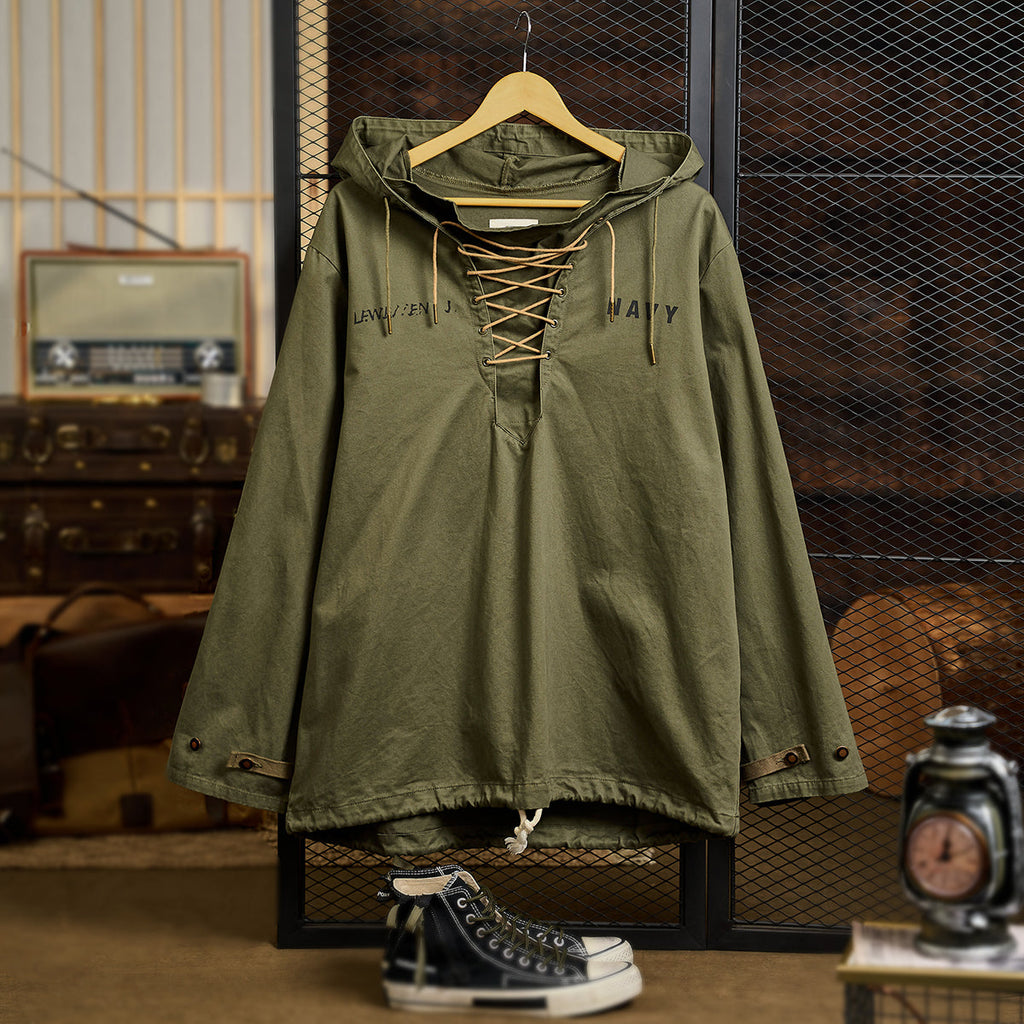 カズオ オリーブ ミリタリーレースアップ パーカー