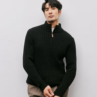 ケーブルニット メンズ — ハーフジップとスタンドカラーのビジネスカジュアルウールセーター