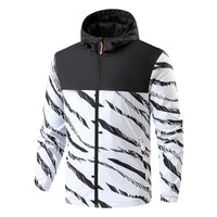 メンズ フード付きジャケット、黒×白のグラフィック総柄、フロントジップ
