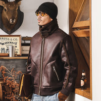 メンズリバーシブルジャケット：ブラウンのレザー風フロントジップ、スタンドカラー