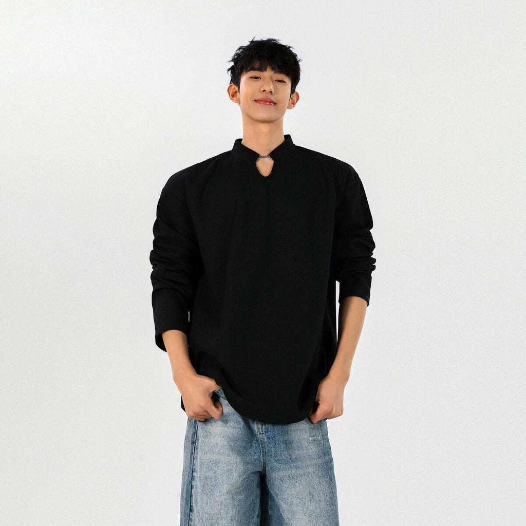 ワッフル長袖Tシャツ メンズ — スタンドカラーのオーバーサイズカットソー コットン素材