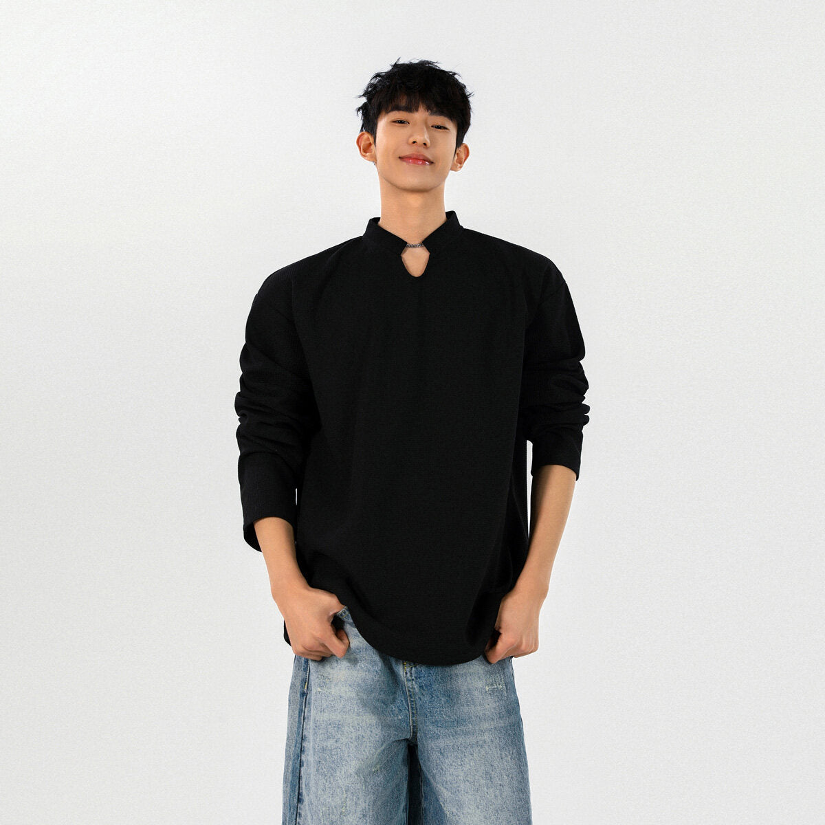 ワッフル長袖Tシャツ メンズ — スタンドカラーのオーバーサイズカットソー コットン素材