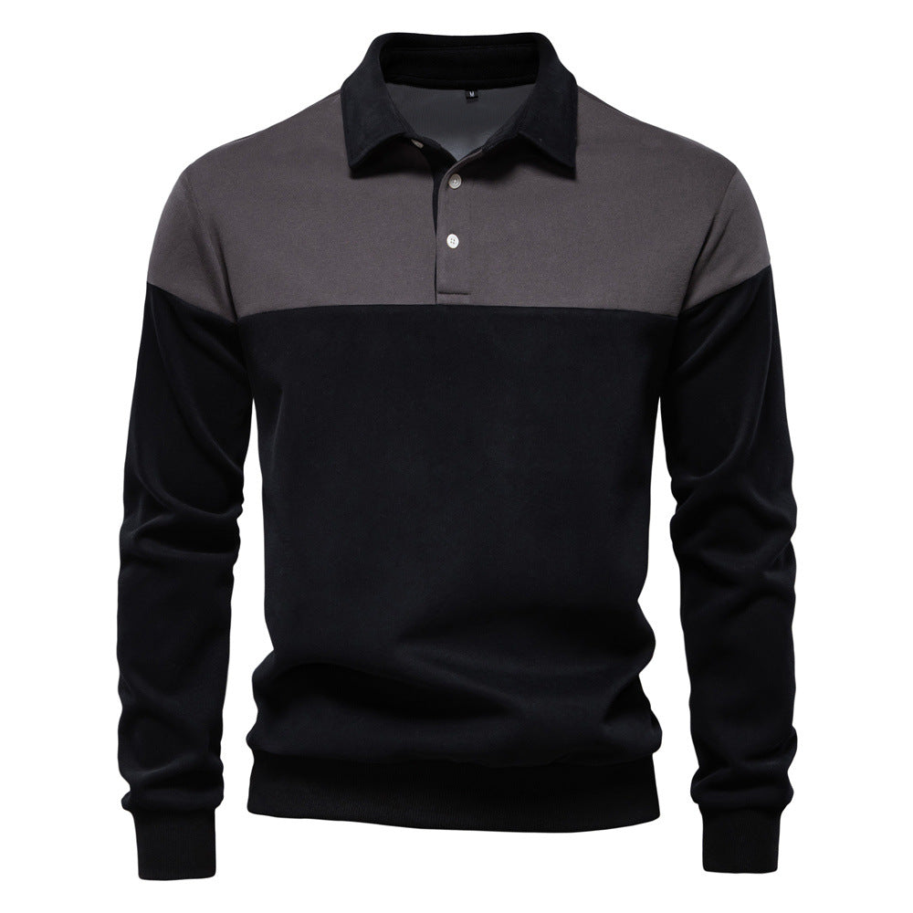 メンズ長袖ポロカラーセーター、ダークグレー×ブラック配色切替