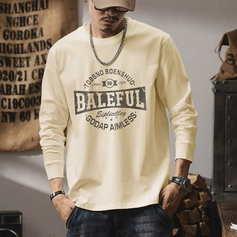 メンズ長袖Tシャツ（ベージュ）ラウンドネック、胸に「BALEFUL」プリント
