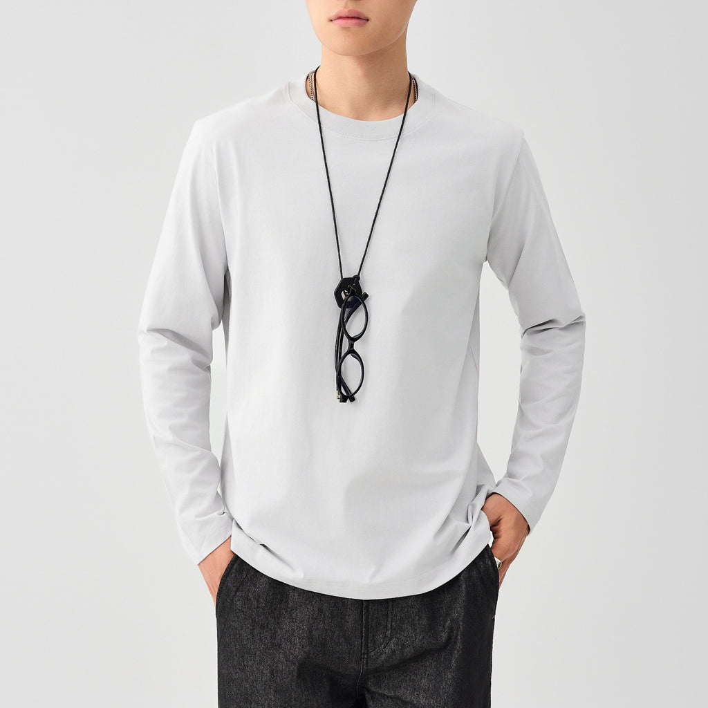 メンズ無地長袖Tシャツ（白）クルーネック、首元はクルーネック