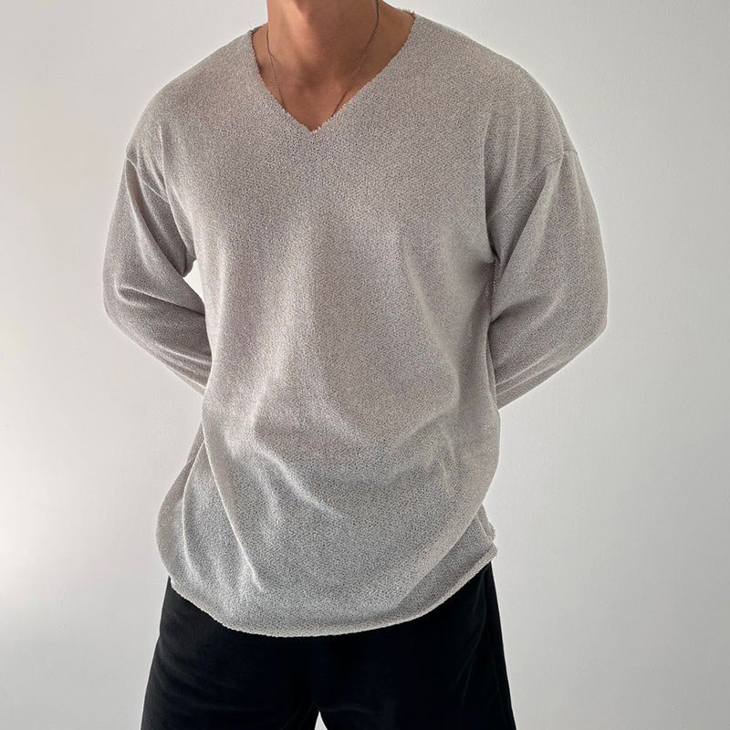 メンズ用グレーVネック長袖ニットTシャツ ゆったりシルエット