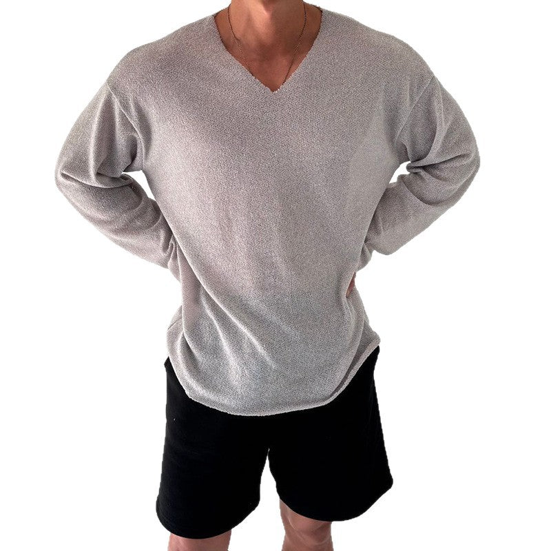 メンズ用グレーVネック長袖ニットTシャツ フロント着用 ルーズ