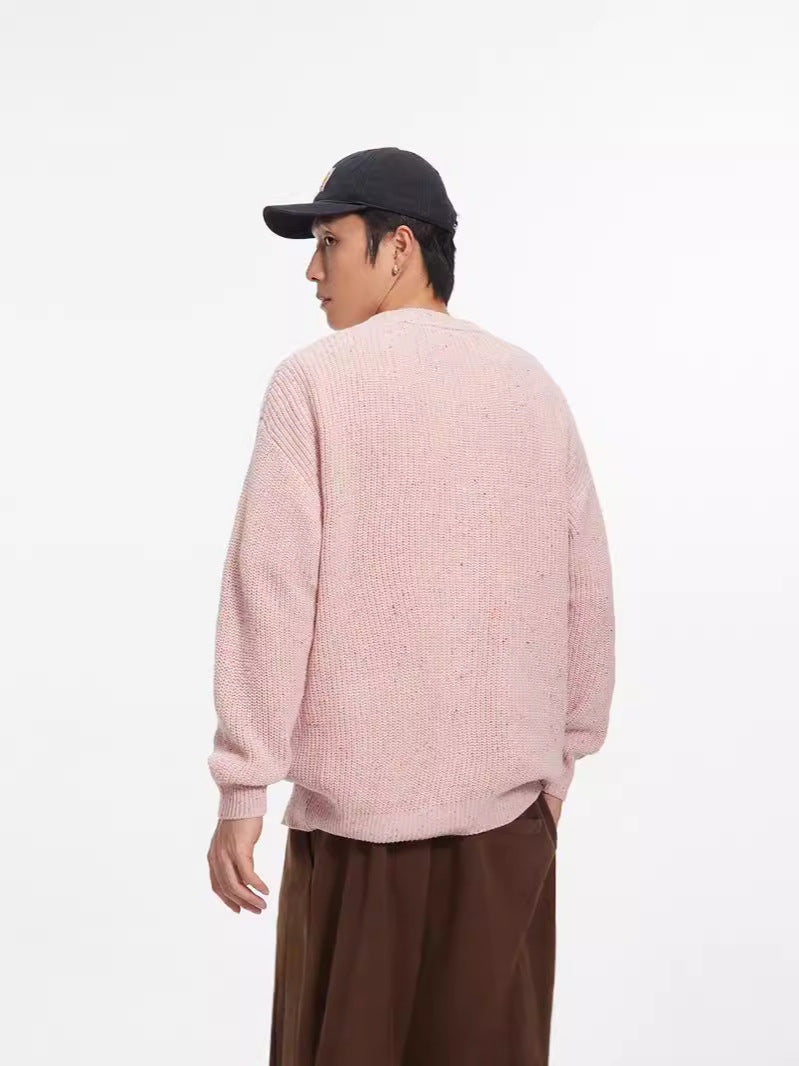 ルーメン 日本製カーディガン ピンクの背面シルエット、長袖Vネック