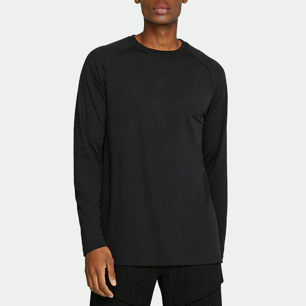 メンズ長袖スポーツTシャツ（黒）ラグラン風の袖、シンプルな一枚