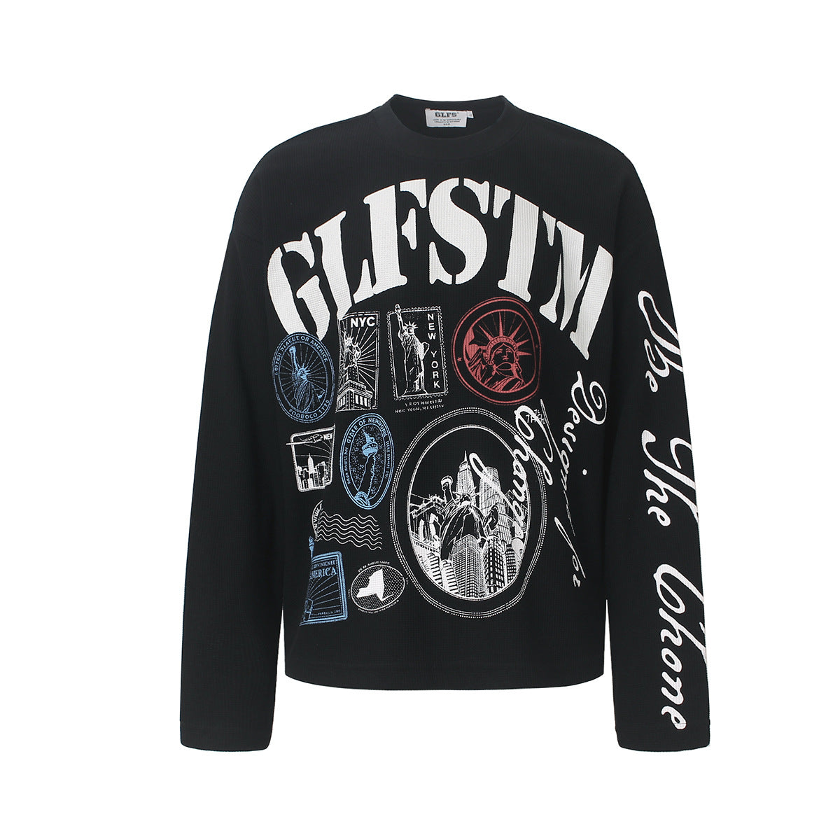ワッフル長袖Tシャツ メンズ — サーマル編みのグラフィックプリントカットソー