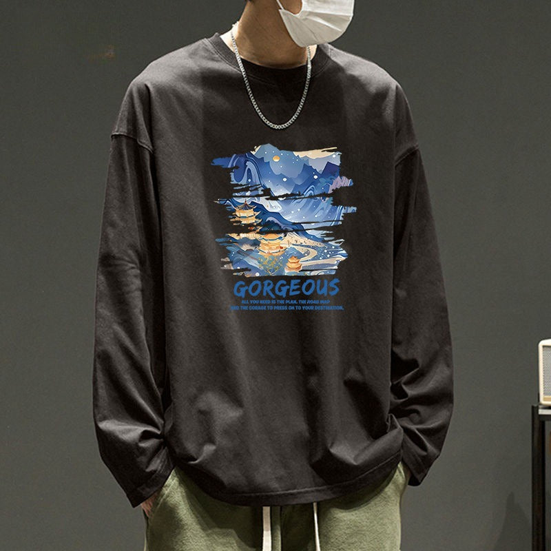 メンズ長袖カジュアルTシャツ ダークグレー地にプリント柄