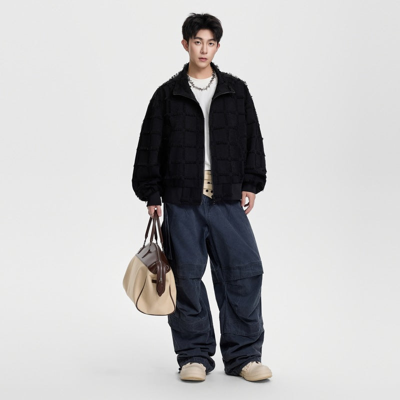 ブルゾン メンズ — フリンジチェックのコットンオーバーサイズジップジャケット