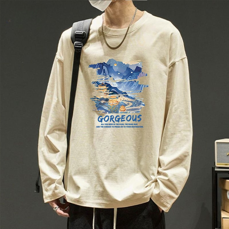 メンズ長袖カジュアルTシャツ アプリコット地にプリント柄