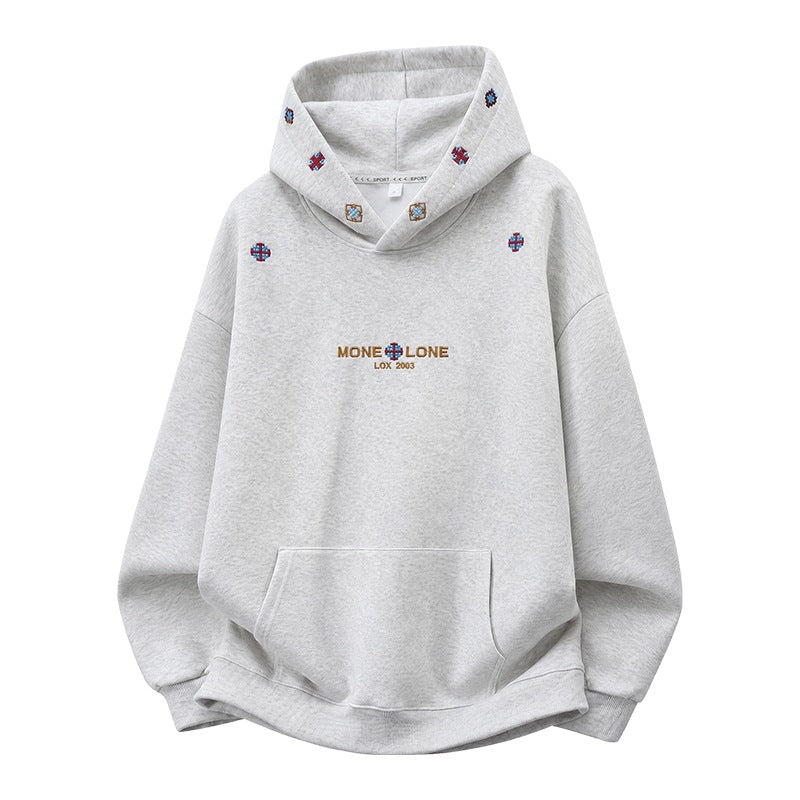 ホワイトの刺繍ロゴ入りフード付きスウェット、フロントポケット付き