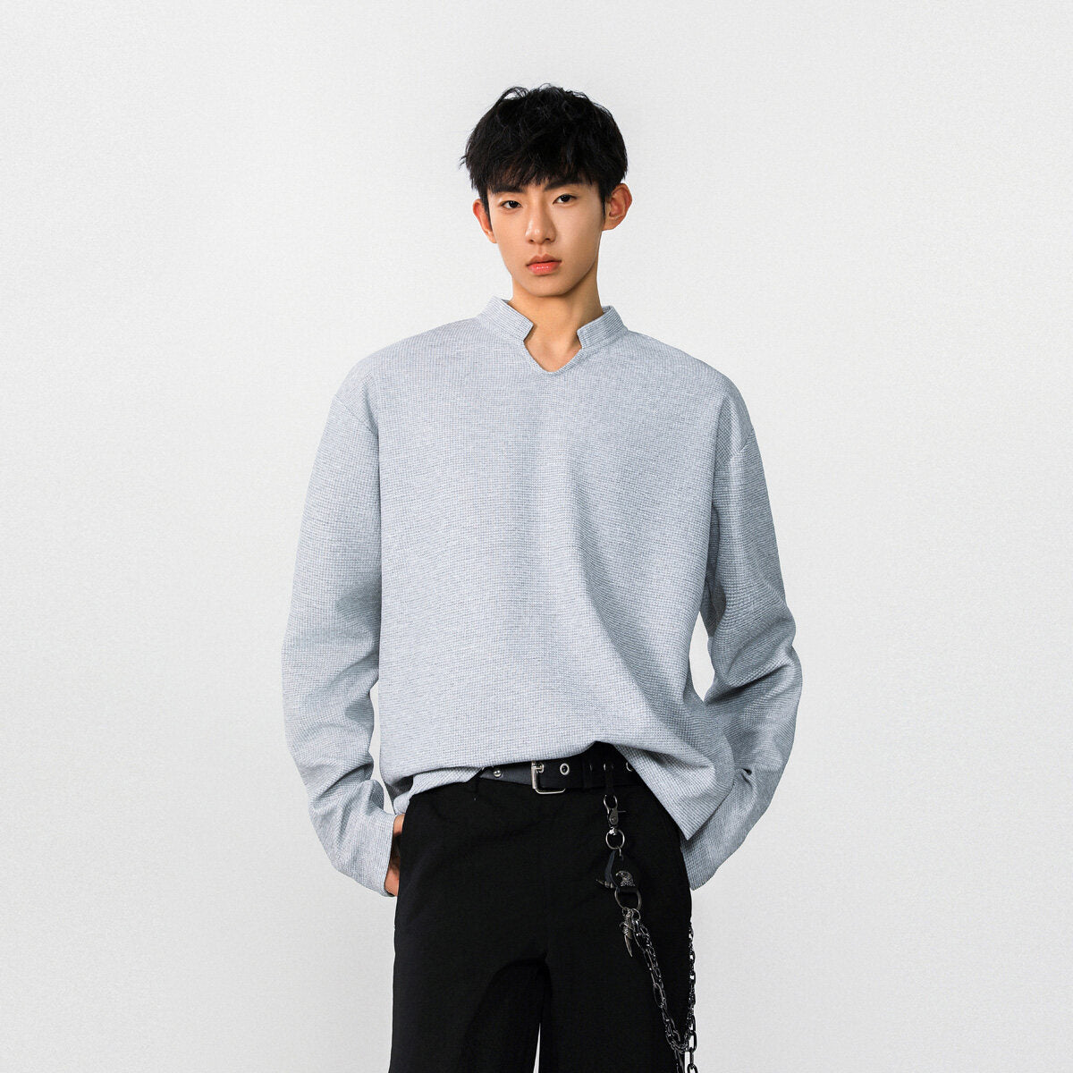 ワッフル長袖Tシャツ メンズ — スタンドカラーのオーバーサイズカットソー コットン素材