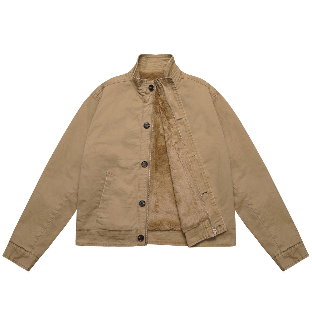 ドリズラージャケット メンズ — ウォッシュド加工の裏ボア付きコットンワークブルゾン