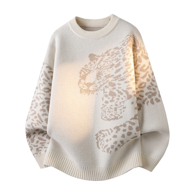 セーター メンズ — ヒョウ柄ジャカードを編み込んだウールのクルーネックニット