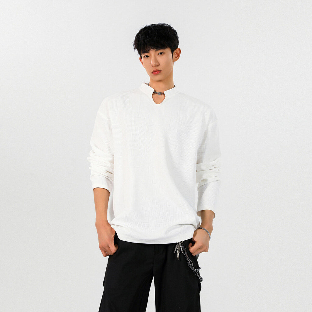 ワッフル長袖Tシャツ メンズ — スタンドカラーのオーバーサイズカットソー コットン素材