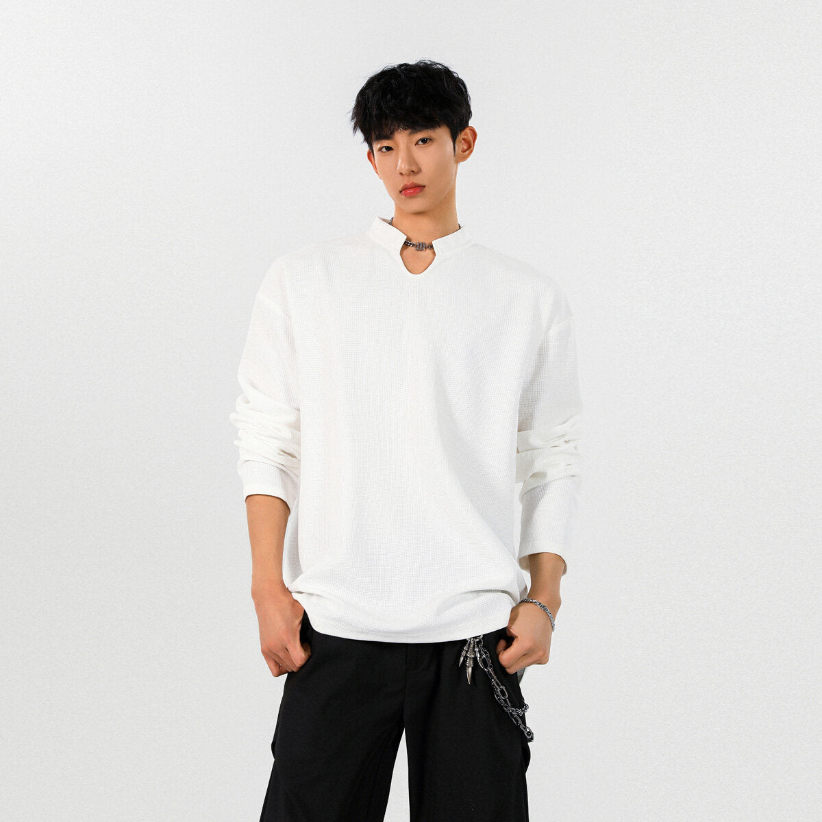 ワッフル長袖Tシャツ メンズ — スタンドカラーのオーバーサイズカットソー コットン素材